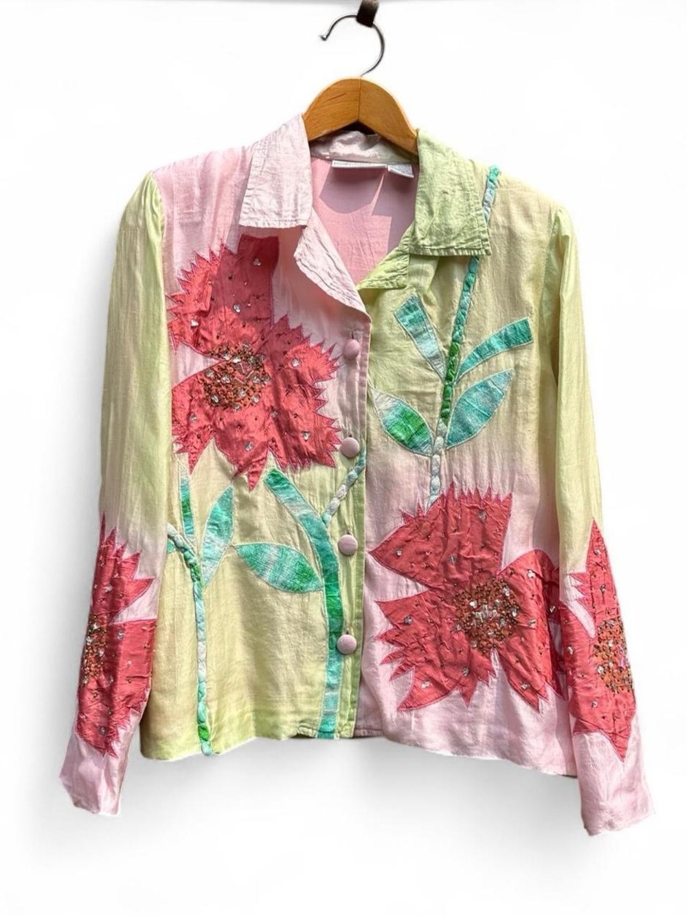 Vintage 90s Beaded Silk Jacket Floral Patchwork Applique RealComfort Chadwicks 8